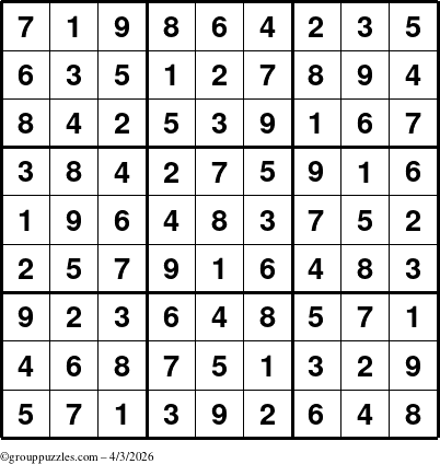 The grouppuzzles.com Answer grid for the Sudoku puzzle for Friday April 3, 2026