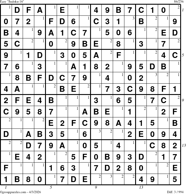 The grouppuzzles.com Easy Sudoku-16 puzzle for Friday April 3, 2026, suitable for printing, with all 3 steps marked
