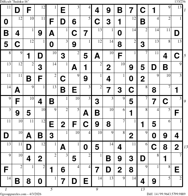 The grouppuzzles.com Difficult Sudoku-16 puzzle for Friday April 3, 2026, suitable for printing, with all 14 steps marked