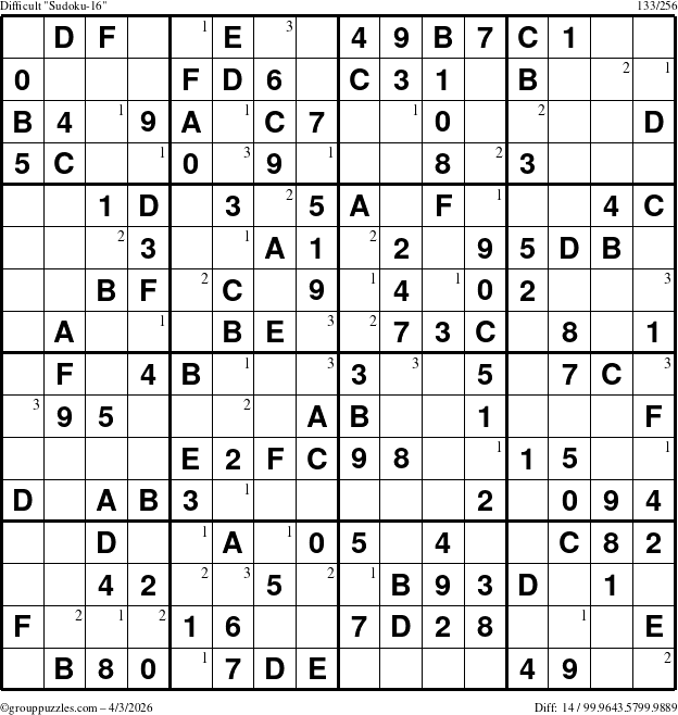 The grouppuzzles.com Difficult Sudoku-16 puzzle for Friday April 3, 2026 with the first 3 steps marked