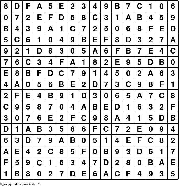 The grouppuzzles.com Answer grid for the Sudoku-16 puzzle for Friday April 3, 2026