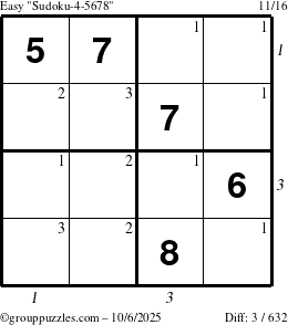 The grouppuzzles.com Easy Sudoku-4-5678 puzzle for Monday October 6, 2025 with all 3 steps marked