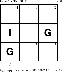 The grouppuzzles.com Easy TicTac-GHI puzzle for Monday October 6, 2025 with all 2 steps marked