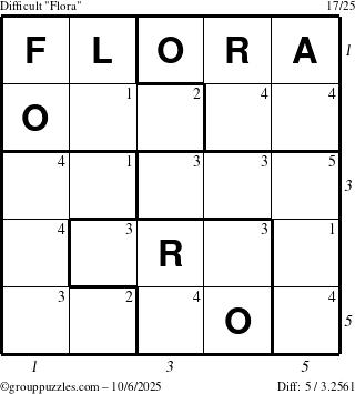 The grouppuzzles.com Difficult Flora puzzle for Monday October 6, 2025 with all 5 steps marked