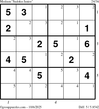 The grouppuzzles.com Medium Sudoku-Junior puzzle for Monday October 6, 2025 with all 5 steps marked