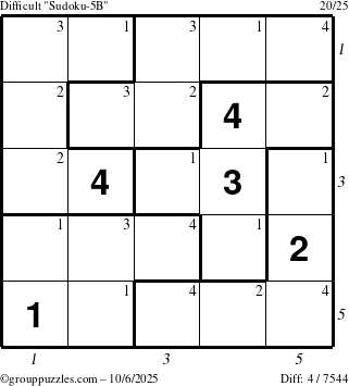 The grouppuzzles.com Difficult Sudoku-5B puzzle for Monday October 6, 2025 with all 4 steps marked