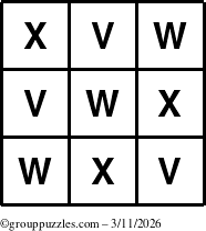 The grouppuzzles.com Answer grid for the TicTac-VWX puzzle for Wednesday March 11, 2026