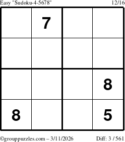 The grouppuzzles.com Easy Sudoku-4-5678 puzzle for Wednesday March 11, 2026