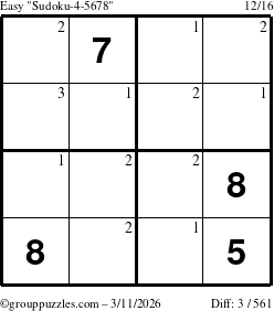 The grouppuzzles.com Easy Sudoku-4-5678 puzzle for Wednesday March 11, 2026 with the first 3 steps marked