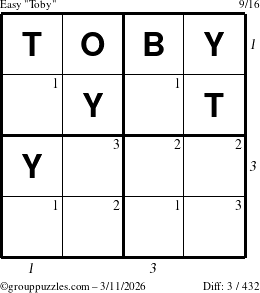 The grouppuzzles.com Easy Toby puzzle for Wednesday March 11, 2026 with all 3 steps marked