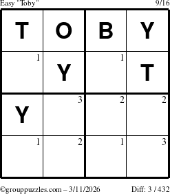 The grouppuzzles.com Easy Toby puzzle for Wednesday March 11, 2026 with the first 3 steps marked