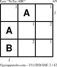 The grouppuzzles.com Easy TicTac-ABC puzzle for Wednesday March 11, 2026 with all 2 steps marked