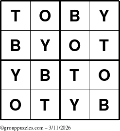 The grouppuzzles.com Answer grid for the Toby puzzle for Wednesday March 11, 2026