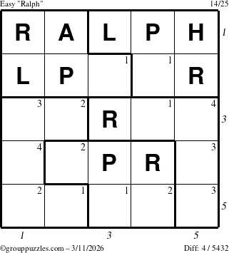 The grouppuzzles.com Easy Ralph puzzle for Wednesday March 11, 2026 with all 4 steps marked