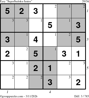 The grouppuzzles.com Easy SuperSudoku-Junior puzzle for Wednesday March 11, 2026 with all 3 steps marked