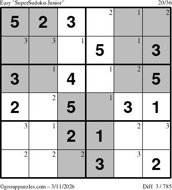 The grouppuzzles.com Easy SuperSudoku-Junior puzzle for Wednesday March 11, 2026 with the first 3 steps marked