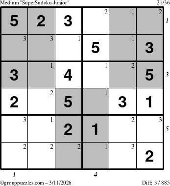 The grouppuzzles.com Medium SuperSudoku-Junior puzzle for Wednesday March 11, 2026 with all 3 steps marked