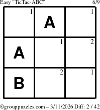 The grouppuzzles.com Easy TicTac-ABC puzzle for Wednesday March 11, 2026 with the first 2 steps marked