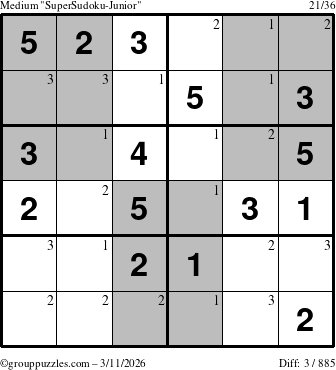 The grouppuzzles.com Medium SuperSudoku-Junior puzzle for Wednesday March 11, 2026 with the first 3 steps marked
