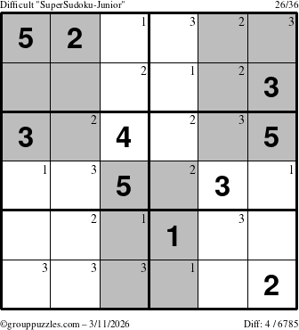 The grouppuzzles.com Difficult SuperSudoku-Junior puzzle for Wednesday March 11, 2026 with the first 3 steps marked