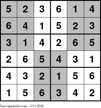 The grouppuzzles.com Answer grid for the SuperSudoku-Junior puzzle for Wednesday March 11, 2026
