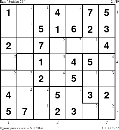 The grouppuzzles.com Easy Sudoku-7B puzzle for Wednesday March 11, 2026, suitable for printing, with all 4 steps marked