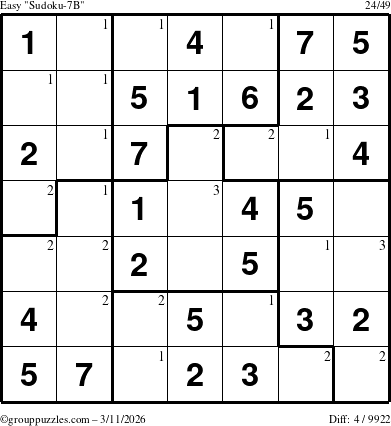 The grouppuzzles.com Easy Sudoku-7B puzzle for Wednesday March 11, 2026 with the first 3 steps marked