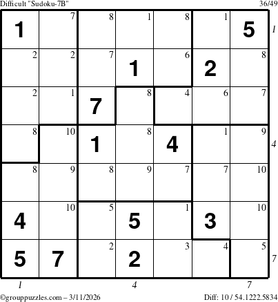 The grouppuzzles.com Difficult Sudoku-7B puzzle for Wednesday March 11, 2026 with all 10 steps marked