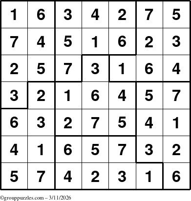 The grouppuzzles.com Answer grid for the Sudoku-7B puzzle for Wednesday March 11, 2026