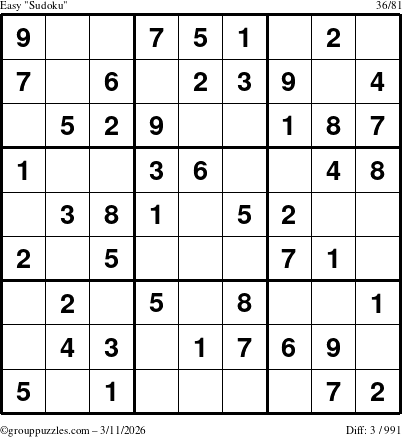 The grouppuzzles.com Easy Sudoku puzzle for Wednesday March 11, 2026