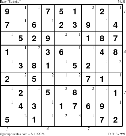 The grouppuzzles.com Easy Sudoku puzzle for Wednesday March 11, 2026 with all 3 steps marked