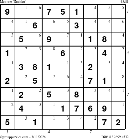 The grouppuzzles.com Medium Sudoku puzzle for Wednesday March 11, 2026 with all 8 steps marked