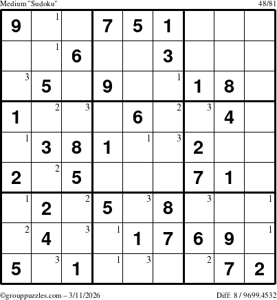 The grouppuzzles.com Medium Sudoku puzzle for Wednesday March 11, 2026 with the first 3 steps marked