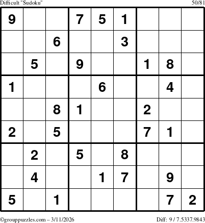 The grouppuzzles.com Difficult Sudoku puzzle for Wednesday March 11, 2026
