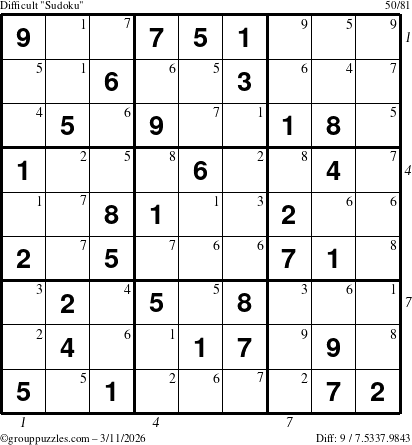 The grouppuzzles.com Difficult Sudoku puzzle for Wednesday March 11, 2026 with all 9 steps marked