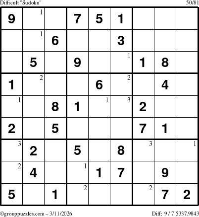 The grouppuzzles.com Difficult Sudoku puzzle for Wednesday March 11, 2026 with the first 3 steps marked