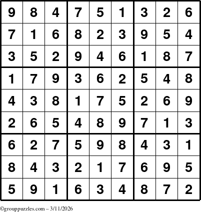The grouppuzzles.com Answer grid for the Sudoku puzzle for Wednesday March 11, 2026