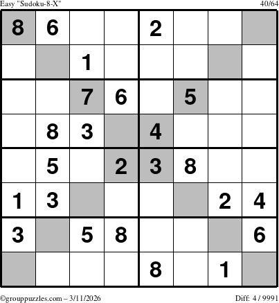 The grouppuzzles.com Easy Sudoku-8-X puzzle for Wednesday March 11, 2026