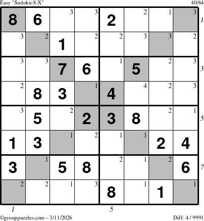The grouppuzzles.com Easy Sudoku-8-X puzzle for Wednesday March 11, 2026, suitable for printing, with all 4 steps marked