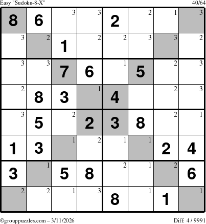 The grouppuzzles.com Easy Sudoku-8-X puzzle for Wednesday March 11, 2026 with the first 3 steps marked