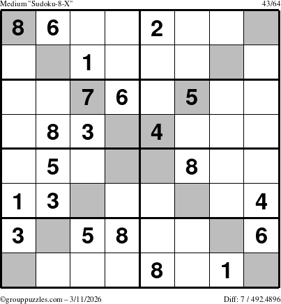 The grouppuzzles.com Medium Sudoku-8-X puzzle for Wednesday March 11, 2026