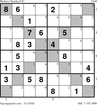 The grouppuzzles.com Medium Sudoku-8-X puzzle for Wednesday March 11, 2026 with all 7 steps marked