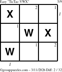 The grouppuzzles.com Easy TicTac-VWX puzzle for Wednesday March 11, 2026, suitable for printing, with all 2 steps marked