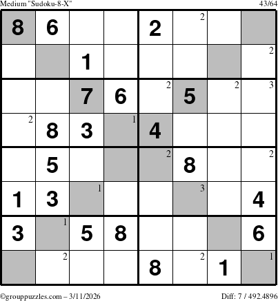 The grouppuzzles.com Medium Sudoku-8-X puzzle for Wednesday March 11, 2026 with the first 3 steps marked