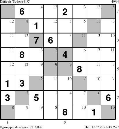 The grouppuzzles.com Difficult Sudoku-8-X puzzle for Wednesday March 11, 2026 with all 12 steps marked