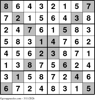 The grouppuzzles.com Answer grid for the Sudoku-8-X puzzle for Wednesday March 11, 2026