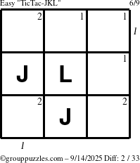 The grouppuzzles.com Easy TicTac-JKL puzzle for Sunday September 14, 2025, suitable for printing, with all 2 steps marked