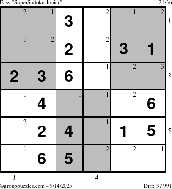 The grouppuzzles.com Easy SuperSudoku-Junior puzzle for Sunday September 14, 2025 with all 3 steps marked