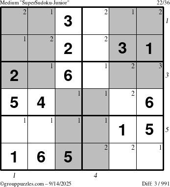 The grouppuzzles.com Medium SuperSudoku-Junior puzzle for Sunday September 14, 2025, suitable for printing, with all 3 steps marked
