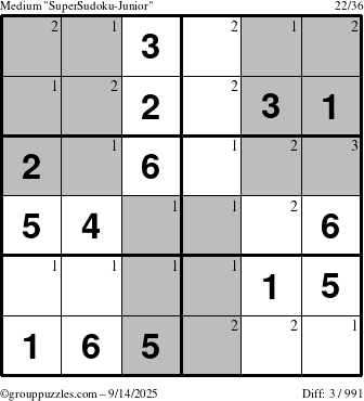 The grouppuzzles.com Medium SuperSudoku-Junior puzzle for Sunday September 14, 2025 with the first 3 steps marked